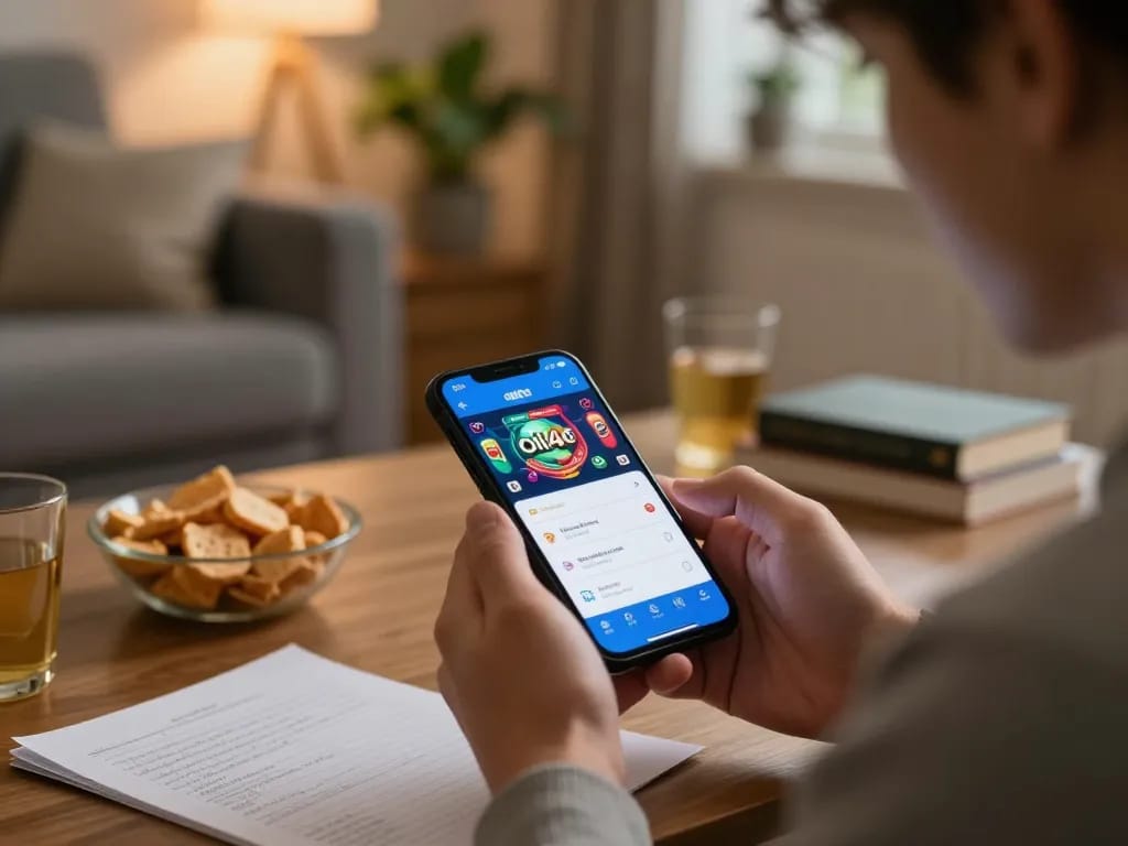 Player engaging with the oli4d casino app on smartphone during a cozy gaming session at home.