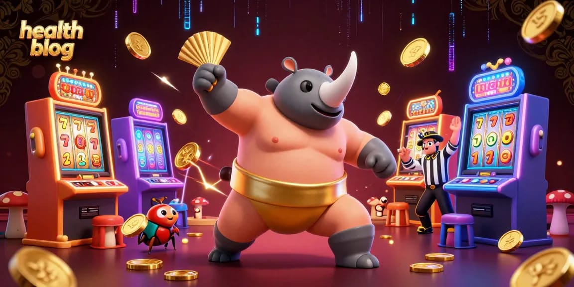 Experience dynamic gameplay action in this health blog-themed casino illustration with slot machines and vibrant characters.