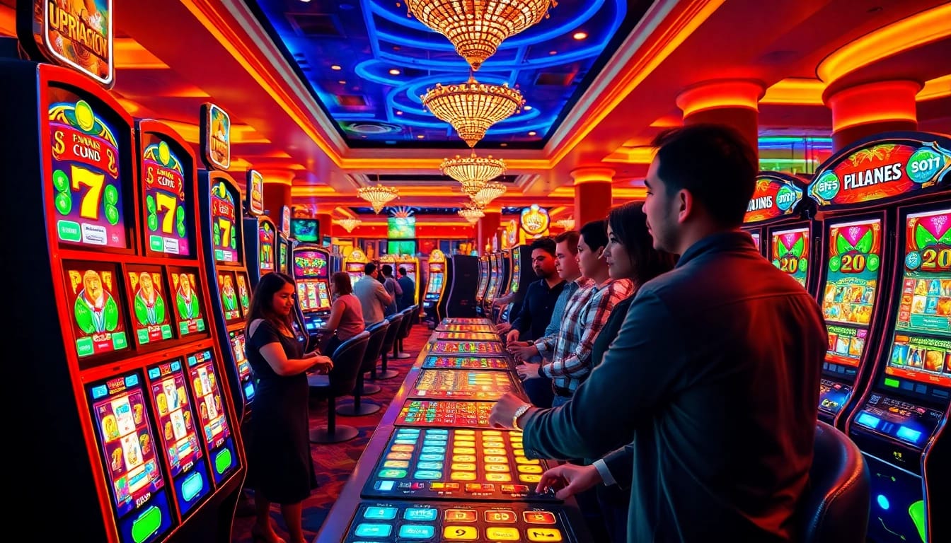 Engaging players interact with a vibrant pragmatic slot machine in a luxurious casino setting.