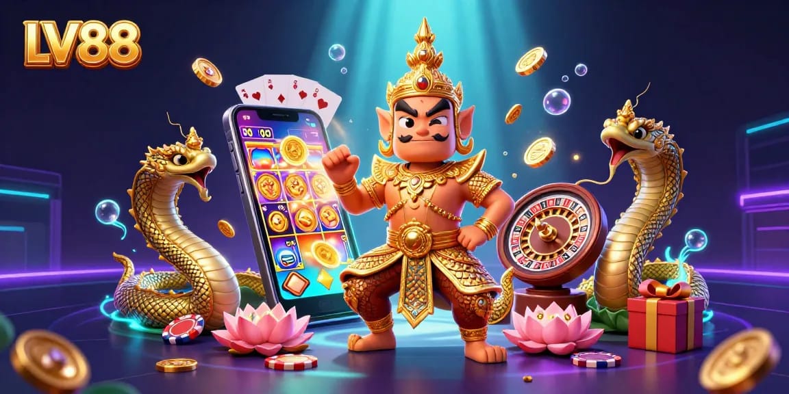 Experience the vibrant world of LV88 with dynamic 3D characters and casino elements showcasing slot games and excitement.