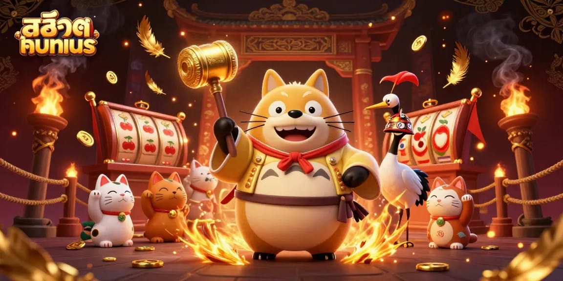 Engage with สล็อตทดลอง in this vibrant scene featuring a cheerful tanuki, lucky symbols, and festive casino decor.