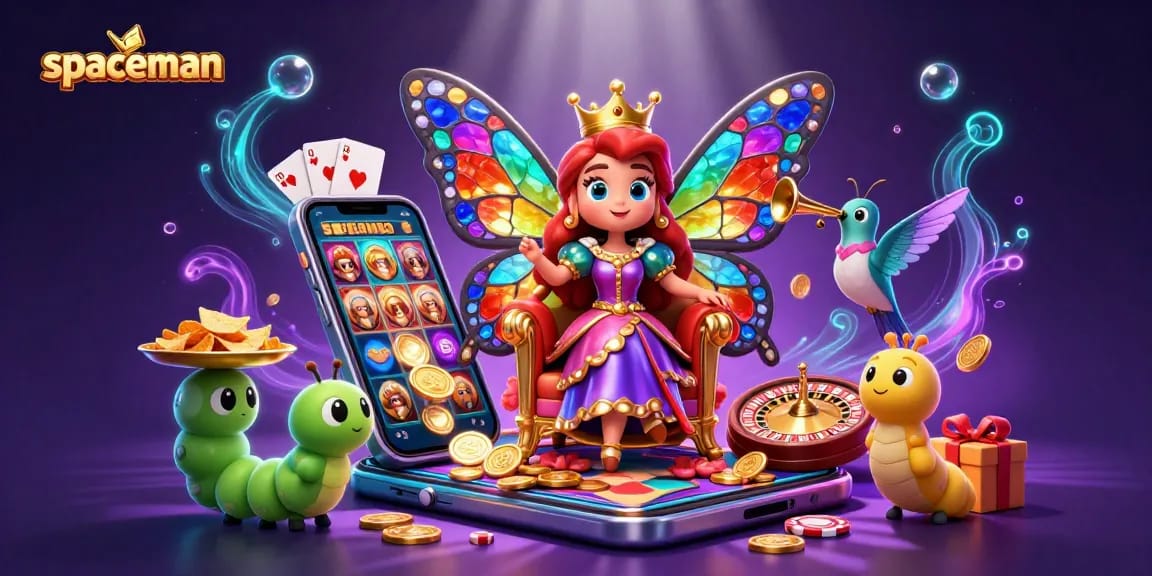Play the spaceman slot game surrounded by vibrant casino elements and characters.