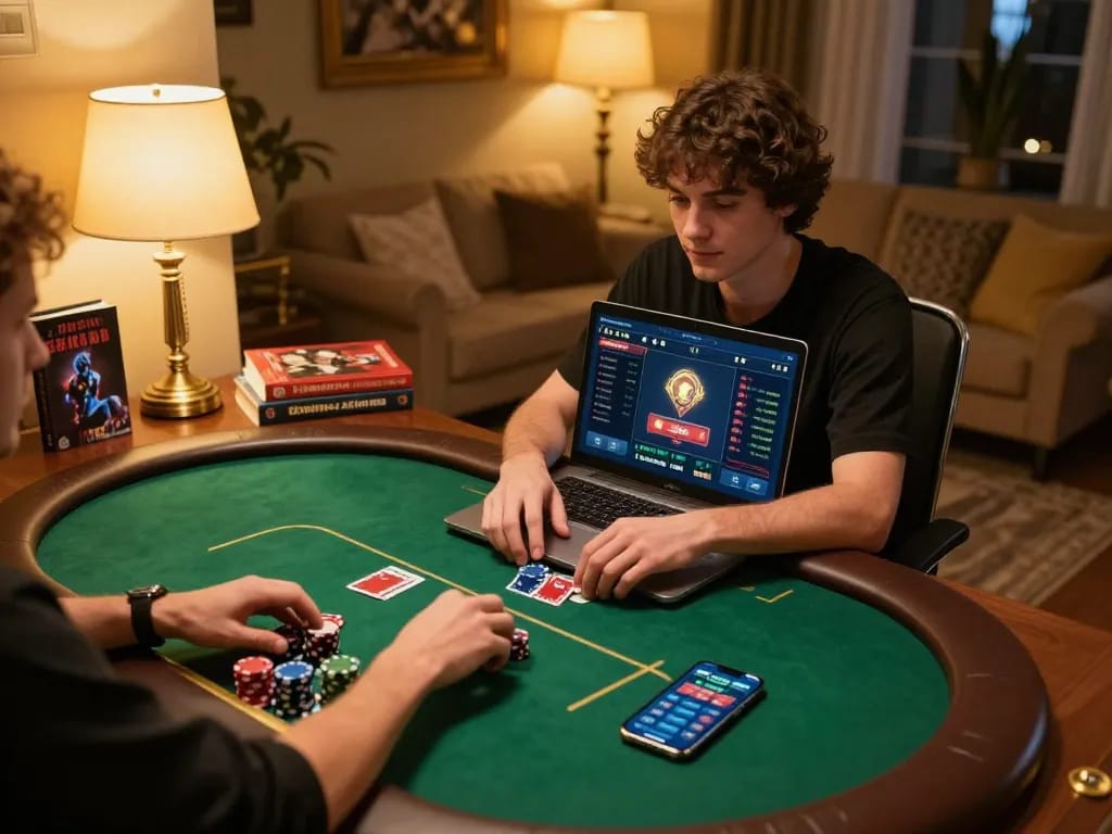 Engaged player using KP88 for online poker, surrounded by strategy notes and a cozy atmosphere.