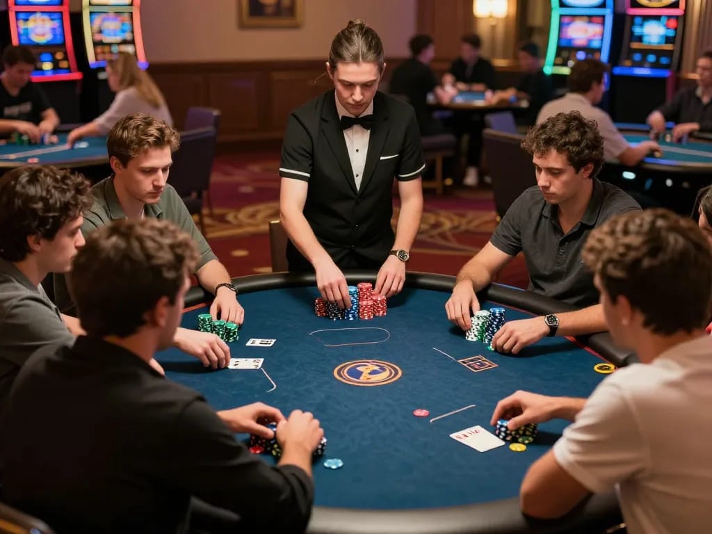 W188 poker players engaging in high-stakes gameplay at a vibrant casino table.