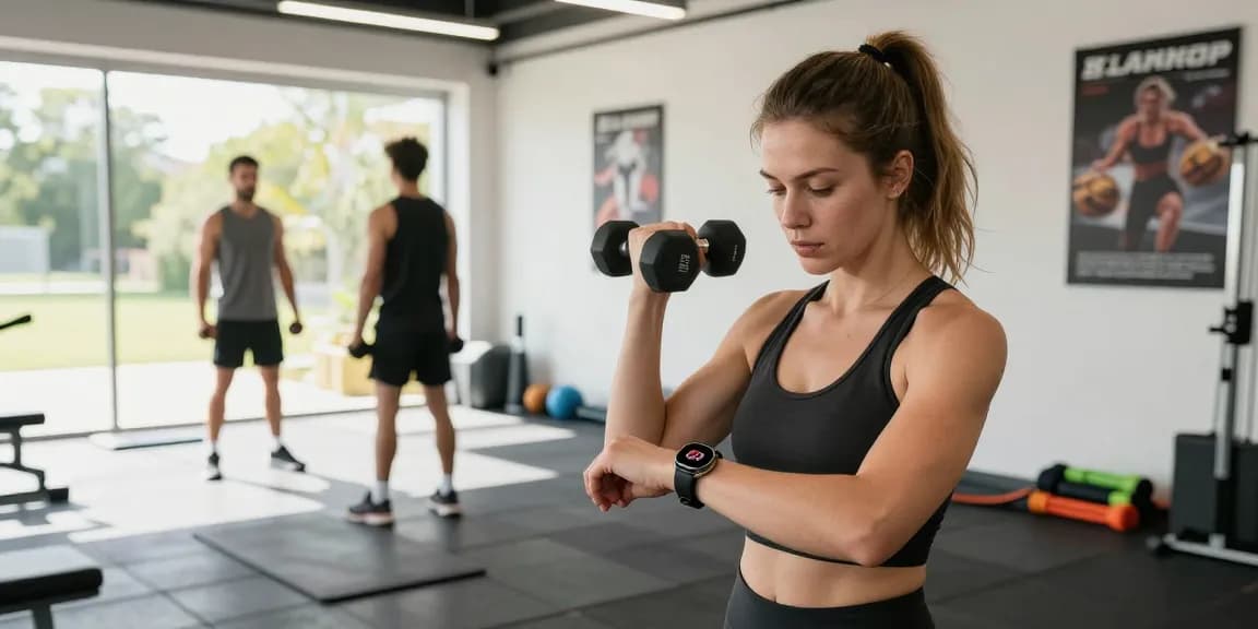 Olahraga di gym modern dengan Fitbit Luxe terlihat di pergelangan tangan, saat wanita memeriksa detak jantungnya.