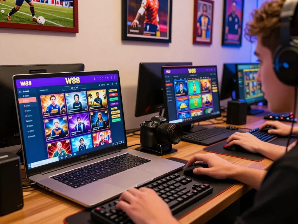 Player enjoying W88 betting platform at modern gaming setup, showcasing vibrant atmosphere and engaging features.