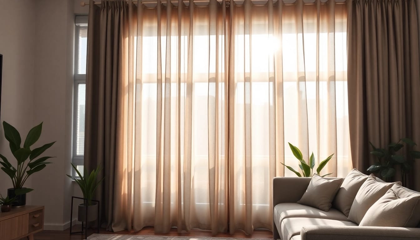 Verduisterende gordijnen blokkeerend licht in een moderne woonkamer voor een gezellige sfeer.