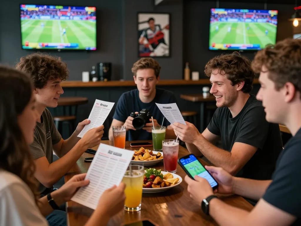 Sports betting excitement at a bar with patrons engaged in fabet wagering during live events.