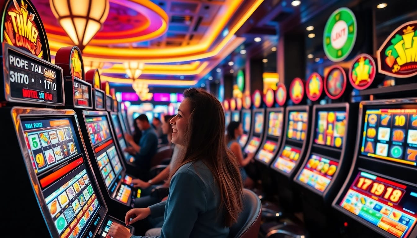 Mainkan slot online di mesin kasino yang penuh warna dan pencahayaan yang cerah