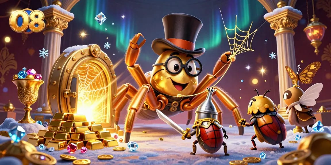O8's 3D illustration showcases a daring beetle knight and a golden tarantula weaving a casino-themed web.