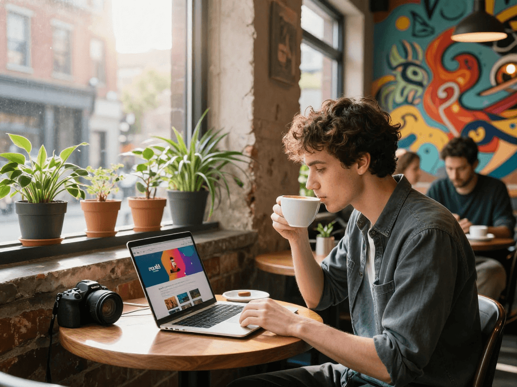Engaging café scene showcasing rokok88 website on a laptop, highlighting modern urban lifestyle.