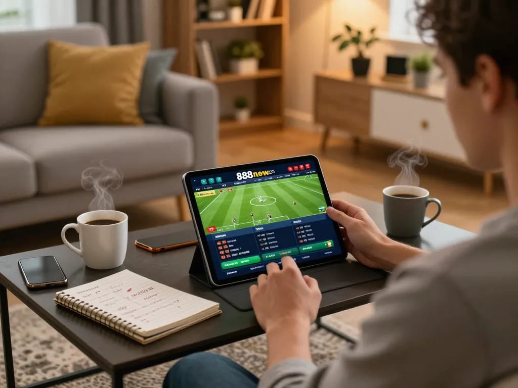 Engaging in online betting with the 888now com platform on a tablet, surrounded by comfortable home decor.