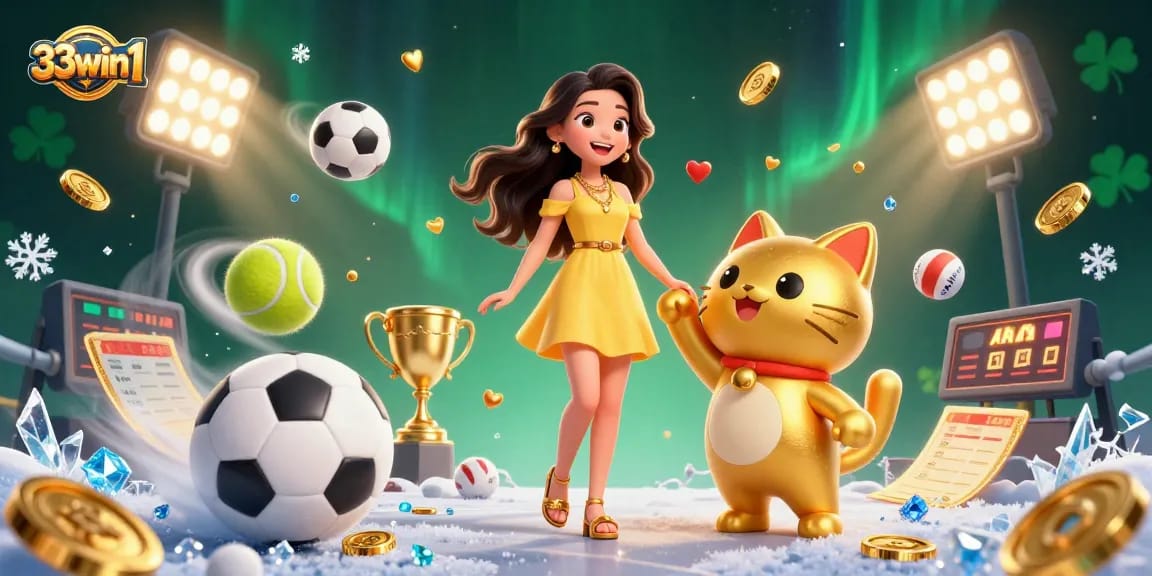 Experience the thrill at 33win 1 with a cheerful woman and golden lucky cat surrounded by vibrant casino elements.