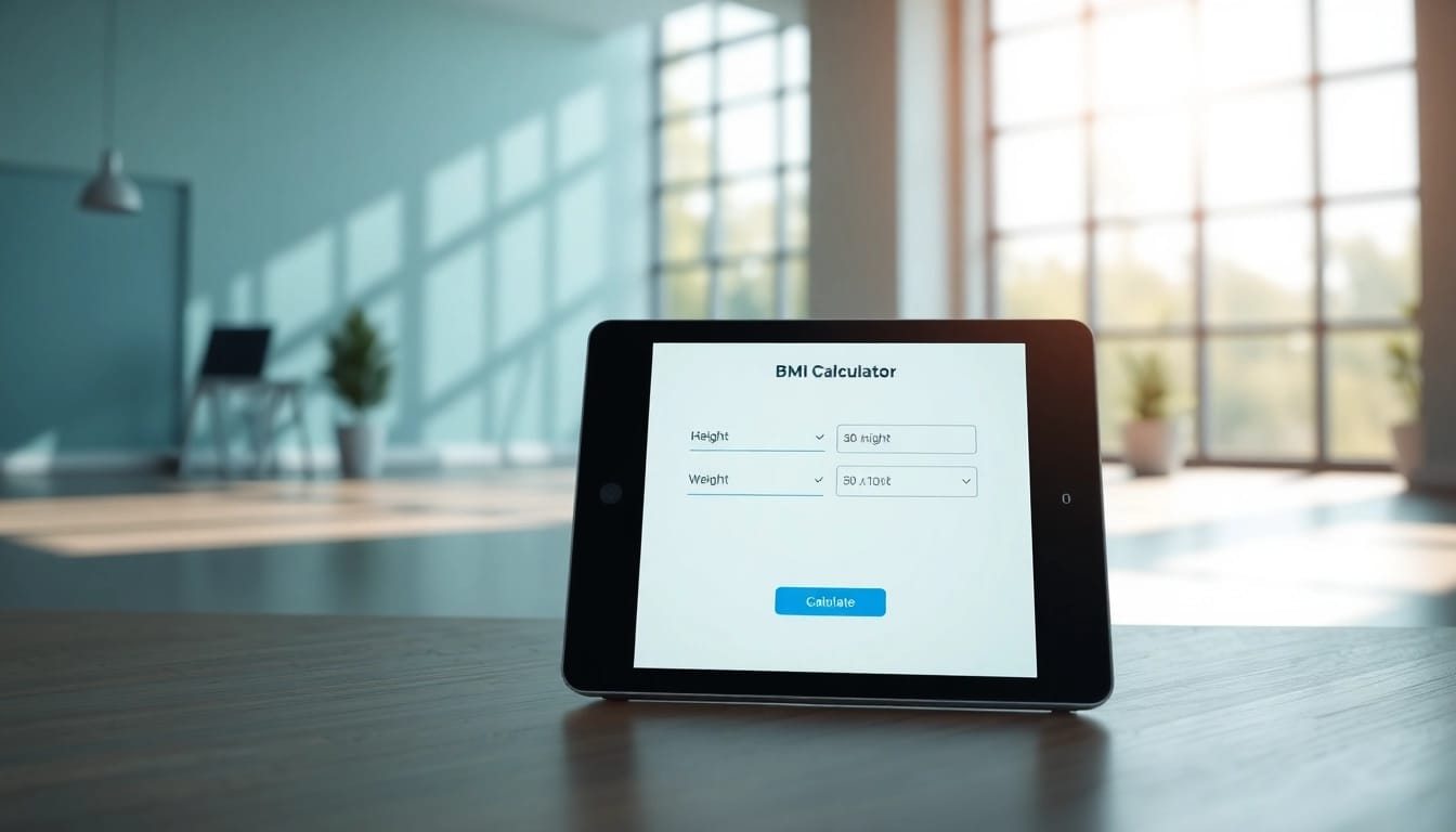 Calculate your BMI calculator with a modern interface on a digital device set in a tranquil environment.