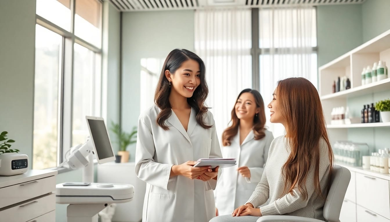 現代的で居心地の良いクリニックでの女性の薄毛治療相談、専門的な雰囲気。