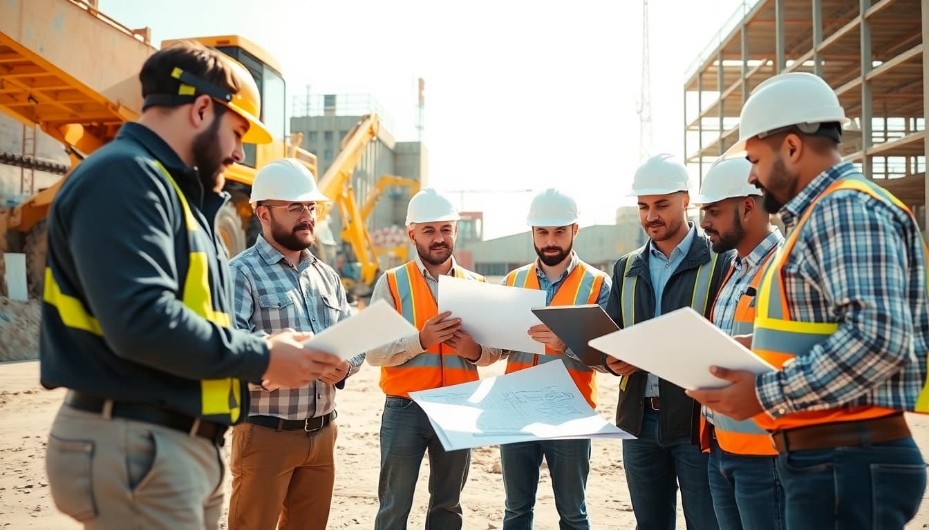Construction quality management in action: a team of professionals collaborating on-site.