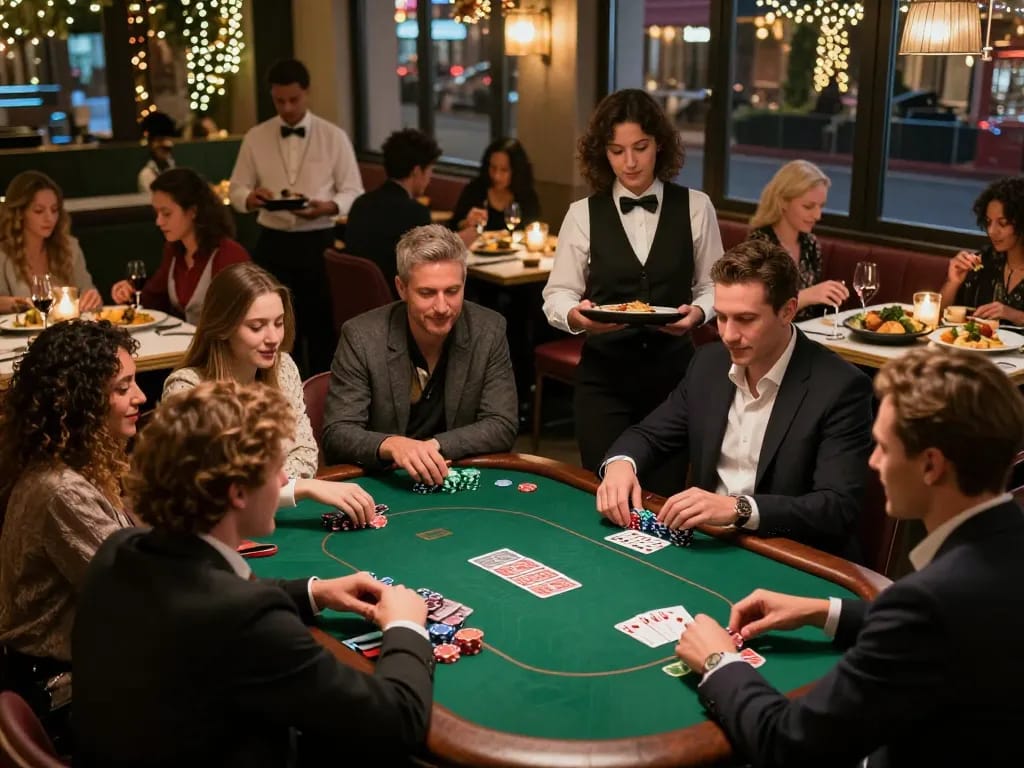 Exciting poker night at Pokerseri restaurant, friends enjoying gourmet dishes and games.