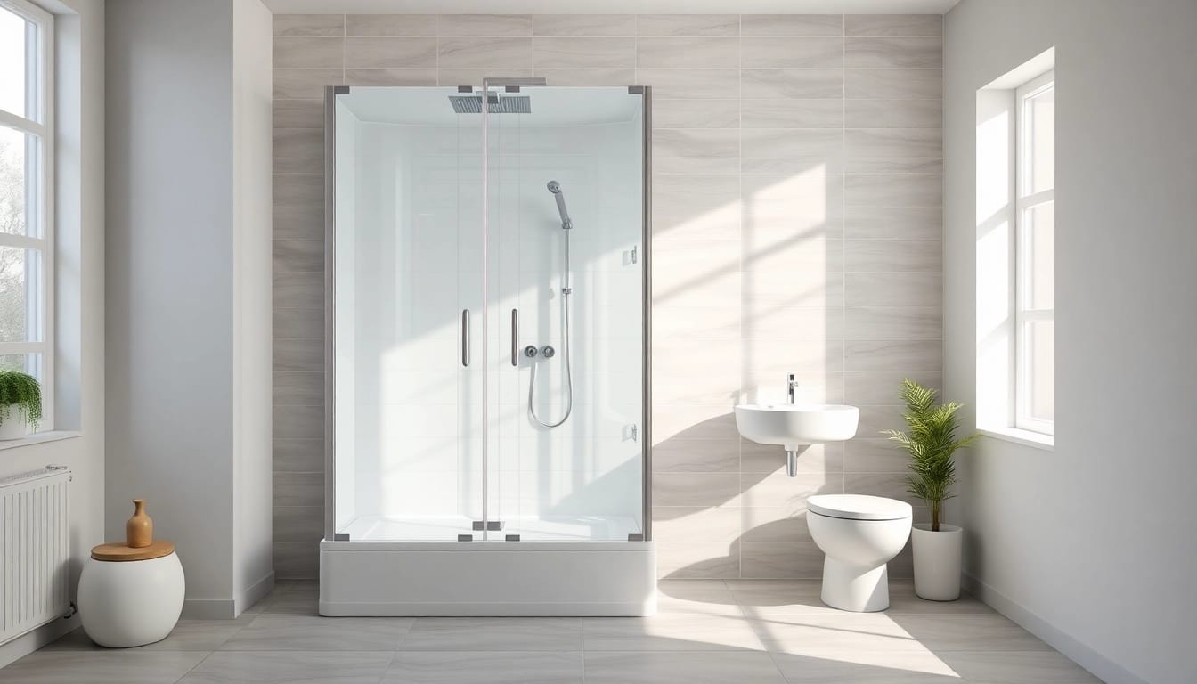 Installer une cabine de douche complete moderne avec des parois élégantes dans une salle de bain.