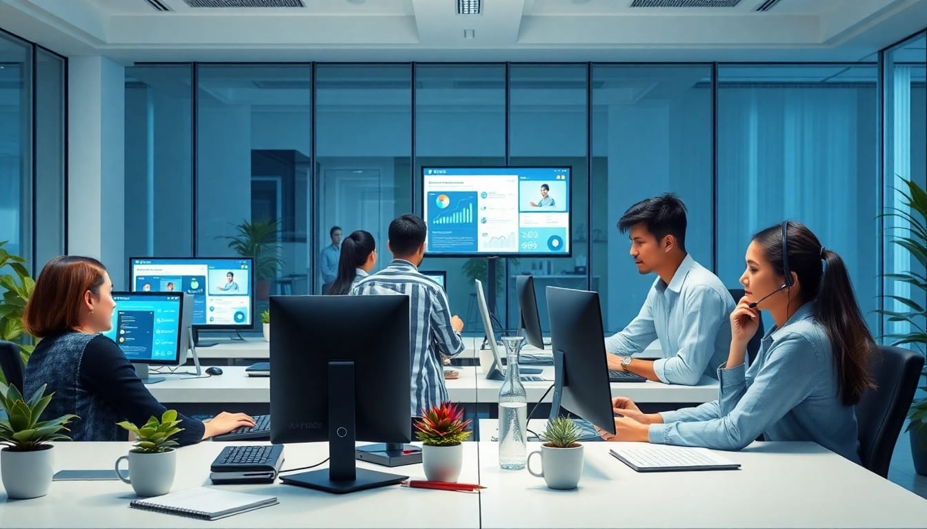 展示美洽 AI 客服平台的智能办公场景,客服代表高效协助客户。