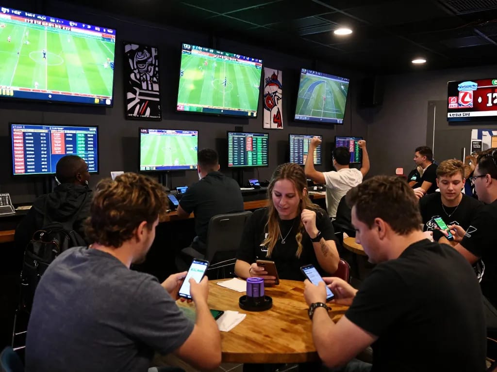 Sports bettors engage with situs parlay app while celebrating live game wins at a bustling venue