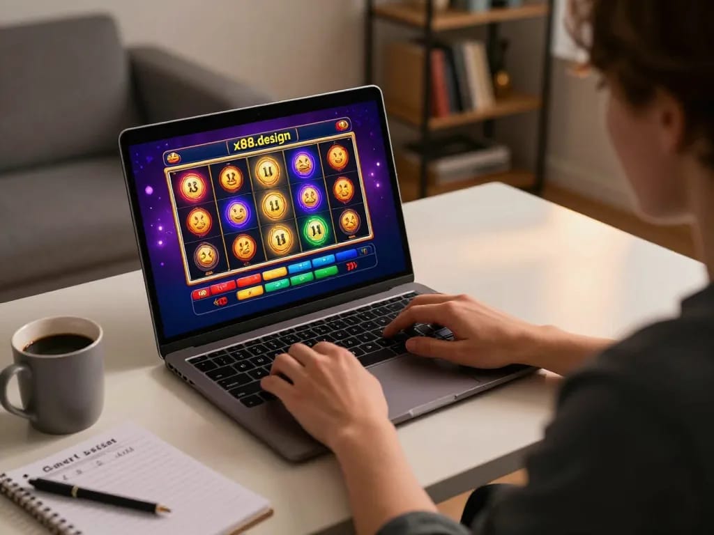 Engaged player using laptop for online slots at https://x88.design/ in a cozy home environment.