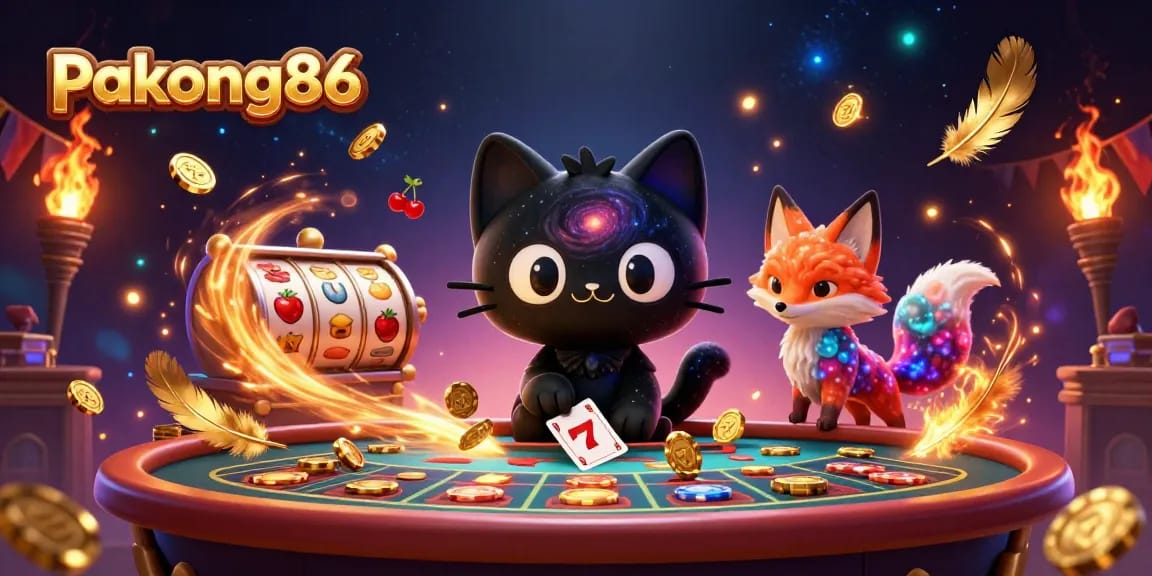 Engage with pakong86 as the cosmic casino scene unfolds with a black hole cat and a nebula fox amid slot machines and golden tokens.