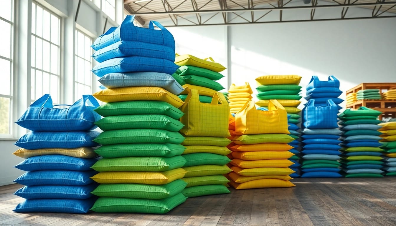 Woven polypropylene bags displayed in a bright warehouse, emphasizing organization and quality.
