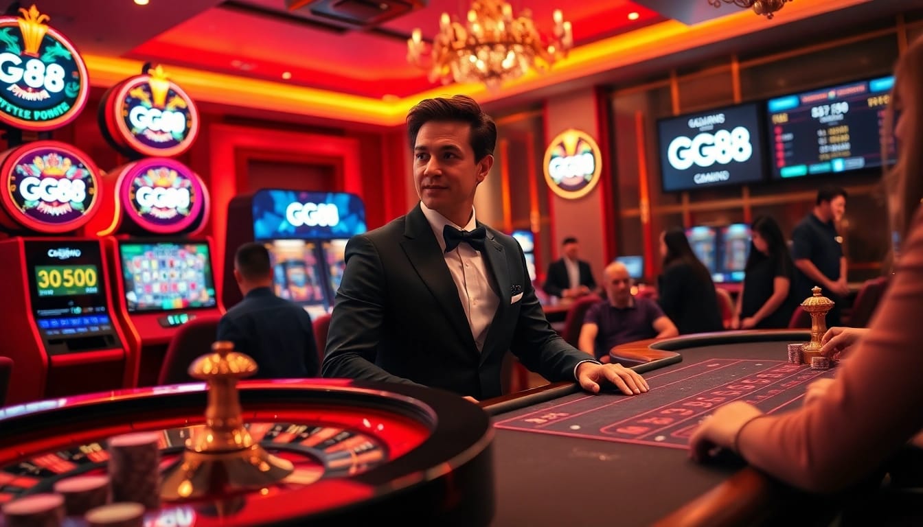 Gamblers enjoying a thrilling experience with GG88 at an elegant online casino.