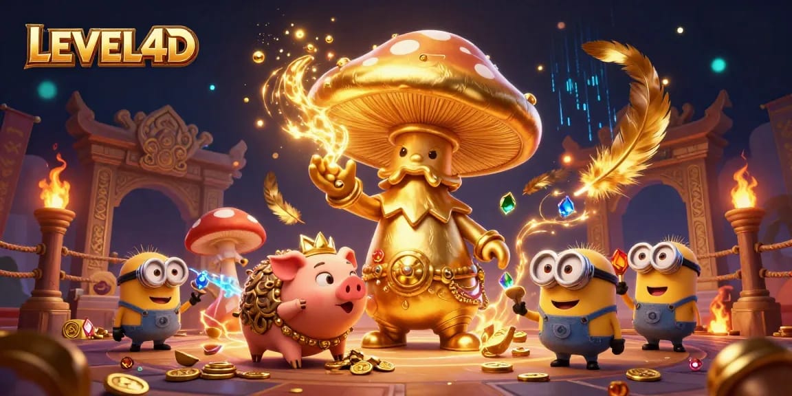Permainan LEVEL4D dengan jackpot terbesar, karakter sihir dan pig truffle berburu harta karun.