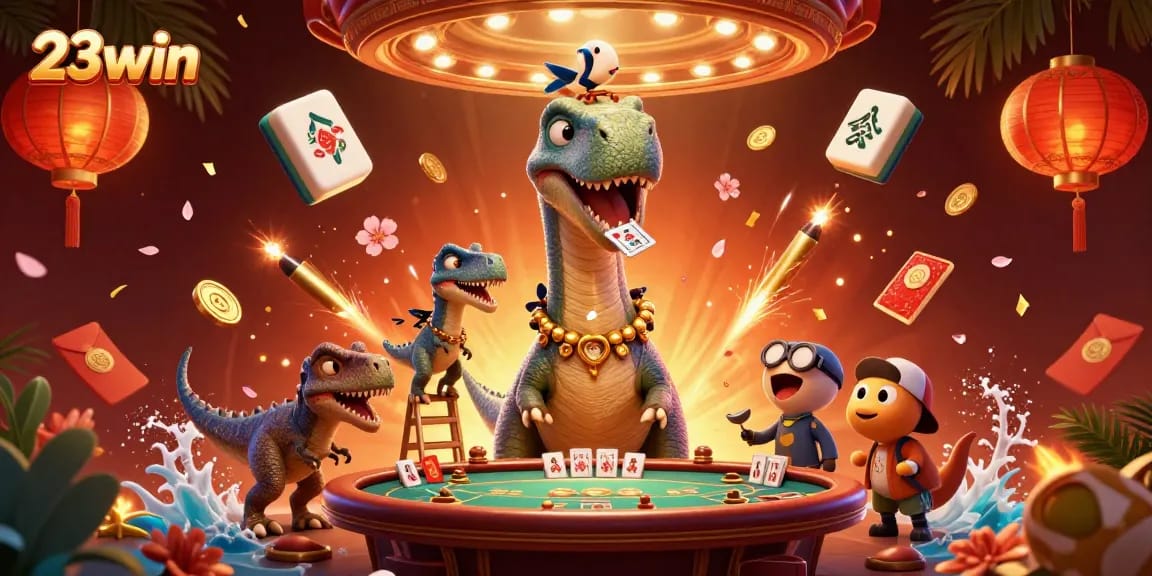 Experience the excitement of 23win within a vibrant casino scene filled with animated characters and festive elements.
