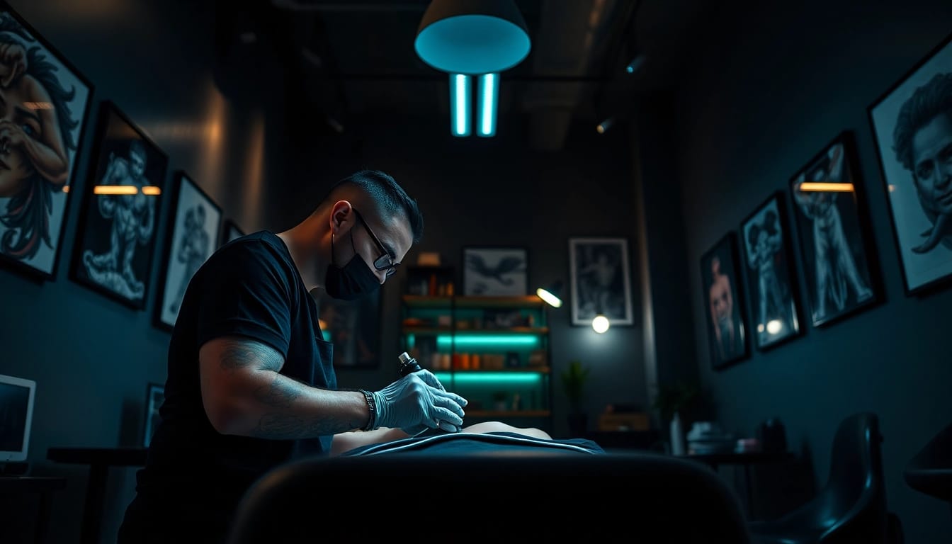 Modern tattoo studio scene with an artist and client at https://89bet.tattoo/, showcasing creativity and professionalism.