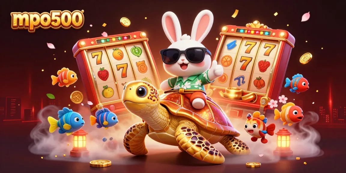 Experience mpo500's thrilling jackpot adventure with a lucky rabbit and golden turtle illustration.