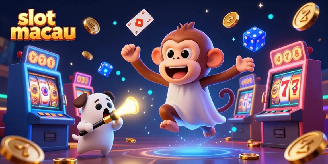 Engage in thrilling slot macau action with a mischievous monkey and ghost-hunter puppy in a lively casino scene.