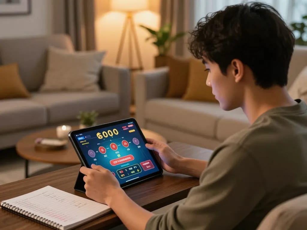 Player engaged with vuabet88 online casino game on tablet in a cozy living room