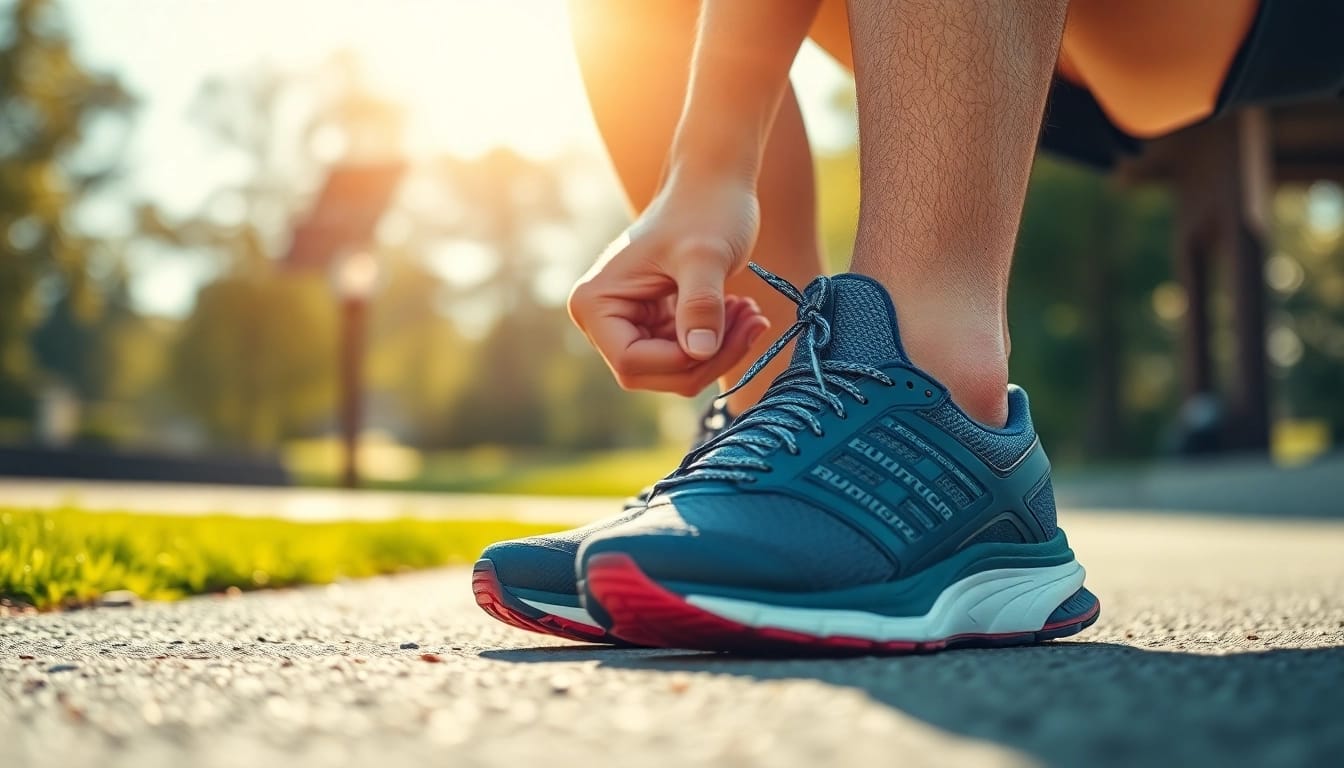 Runner preparing with running essentials like shoes and gear in a lively outdoor setting.
