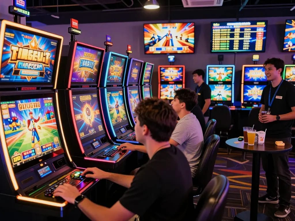 Exciting slot gacor gaming scene with players enjoying vibrant machines in a lively atmosphere.