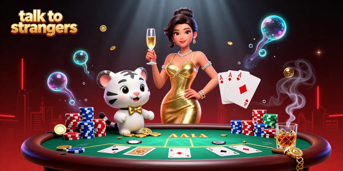 Engage with real users using the talk to strangers feature in a vibrant casino-themed digital chat landscape.