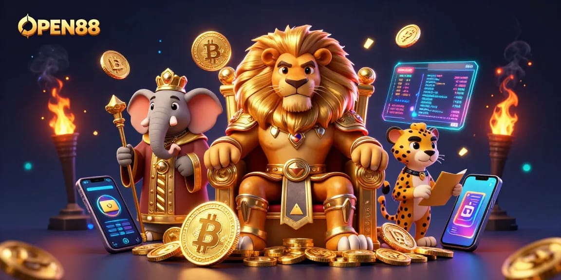 OPEN88 showcases a vibrant 3D casino kingdom with a lion king, elephant advisor, and cheetah messenger amidst glowing crypto elements.