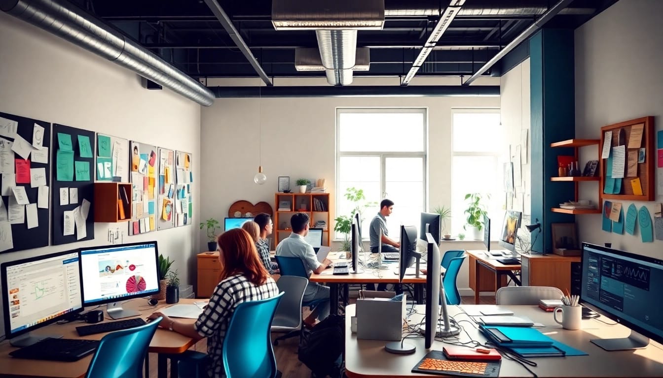 Webdesign Büro mit kreativen Designern, modernen Computern und lebhaften Moodboards.