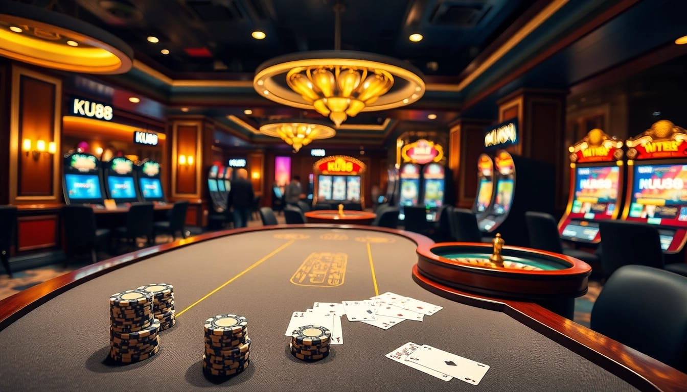 Experience the excitement of KU88 casino with lively poker tables and vibrant slot machines.