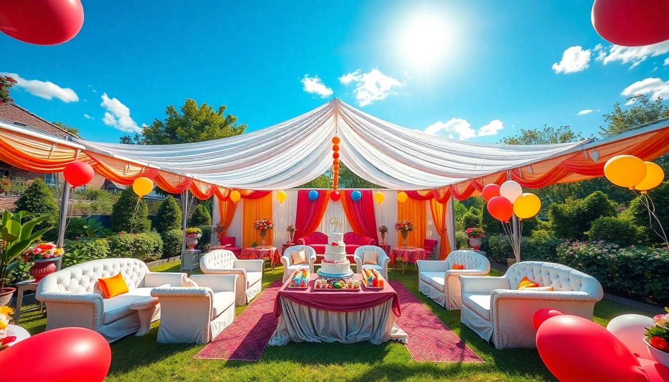 Engaging outdoor party rentals near me with colorful décor and festive arrangements.