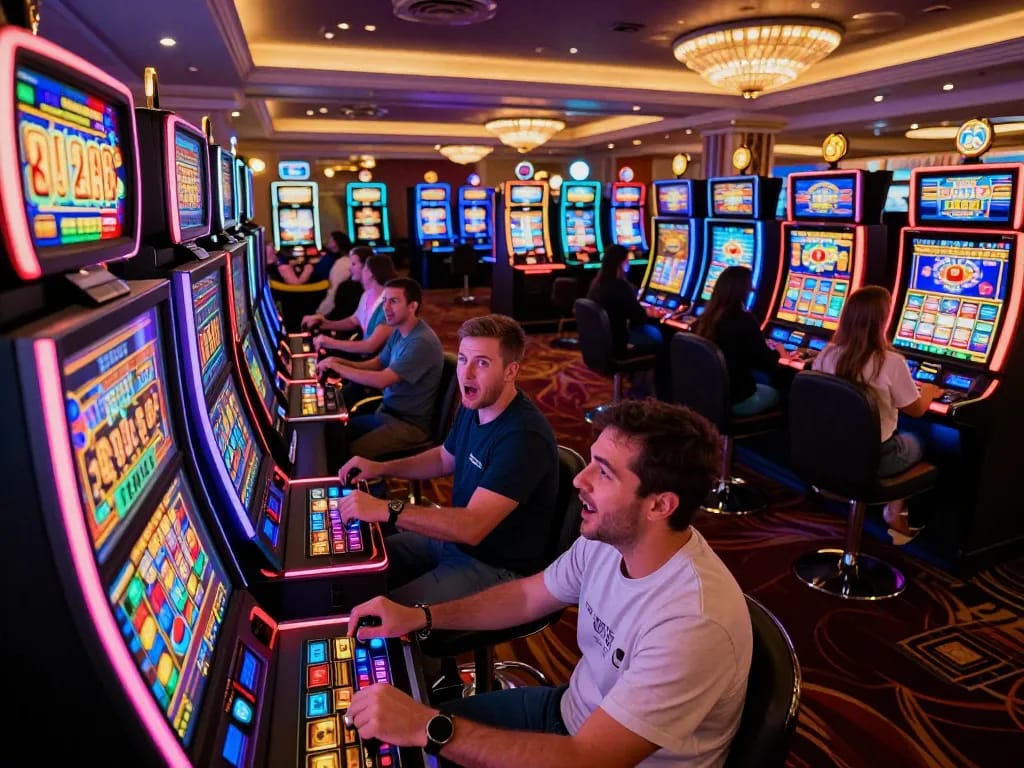 Players enjoying vibrant slot machines at five 88 casino, immersed in thrilling gameplay