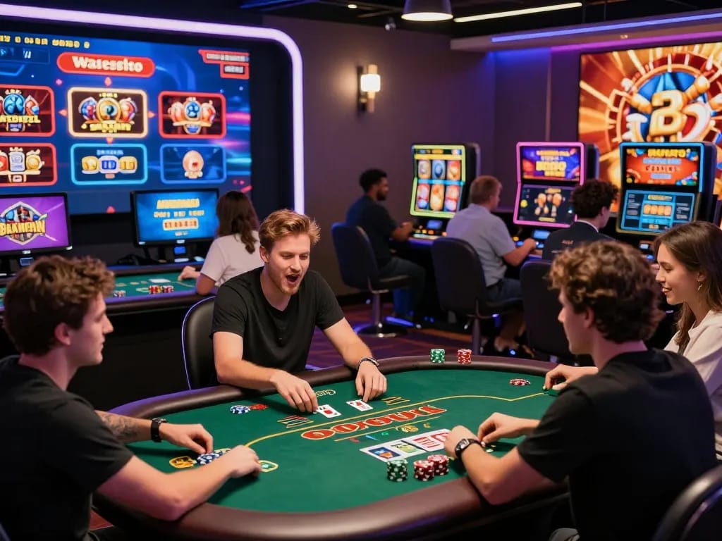 Players enjoying diverse games at 23win online casino amid dynamic atmosphere and vibrant graphics.