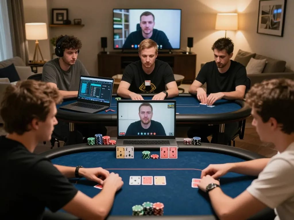 Players strategizing in an intense online poker game at a cozy home setting, showcasing sc888 gaming.