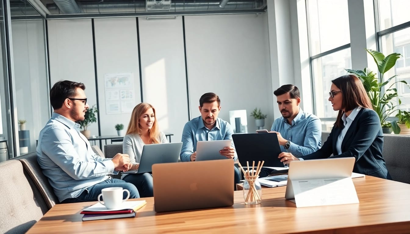 Dynamic team in a press release agency working together to create impactful communications.