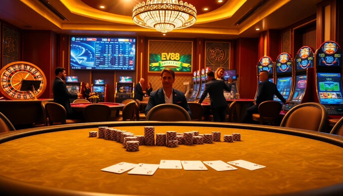 Betting action at EV88 casino with engaging poker gameplay and elegant ambiance.