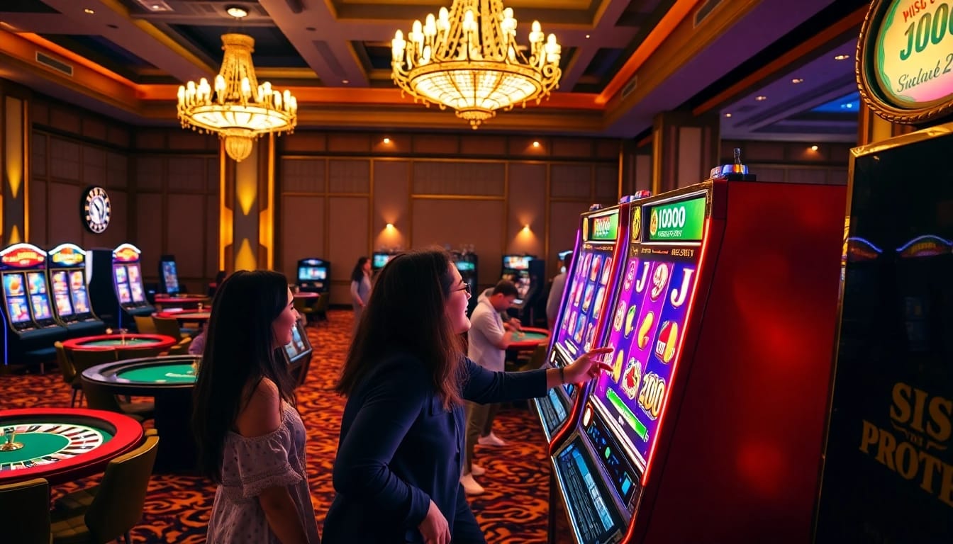 Para pemain menikmati permainan taruhan tinggi di kasino dengan opsi Slot Deposit 1000, merayakan kemenangan.