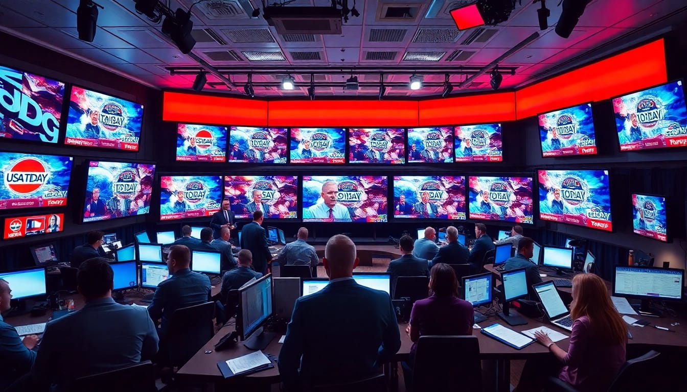 Reporters analyzing Usa Today headlines in a vibrant newsroom atmosphere.