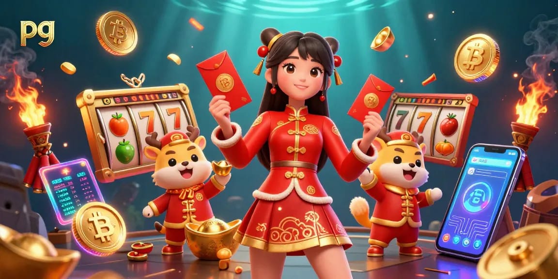 Engage in pg slot games with vibrant casino scenes including a winning Asian character, gold symbols, and digital assets.