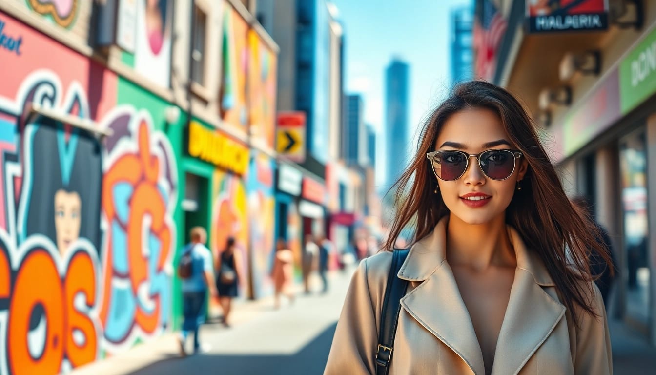 Stylish woman in vibrant urban setting highlighting Fashion and Apparel trends, exuding confidence and energy.